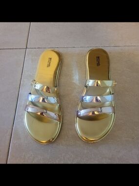 Michael Kors Gold and Silver Triple-Strap Slide Sandals